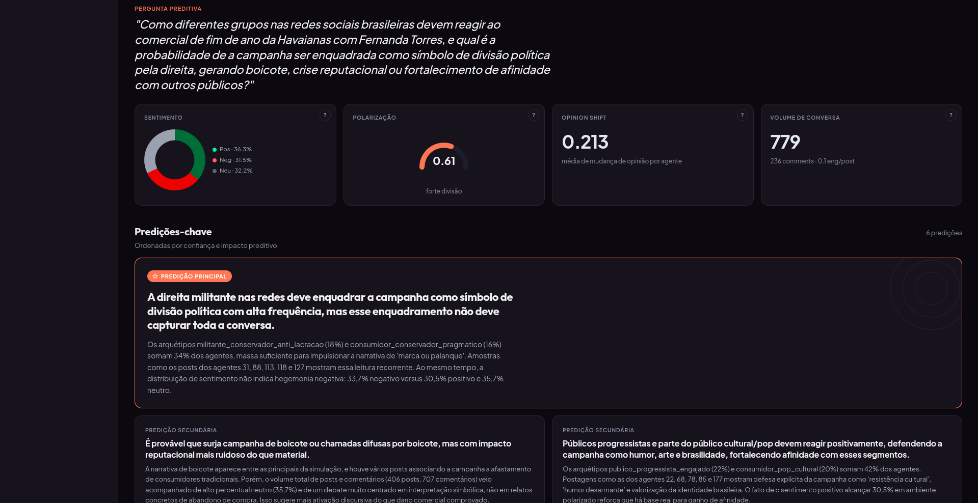 Relatório de decisão com sentimento, polarização e recomendações